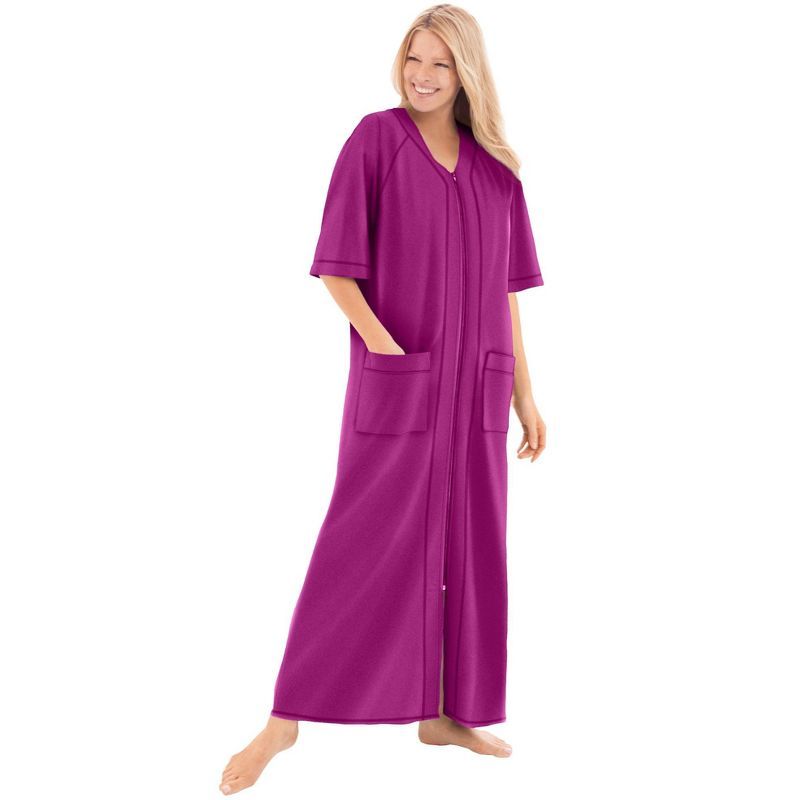 Rich Magenta Plus Size Cotton Blend Zip-Front Robe