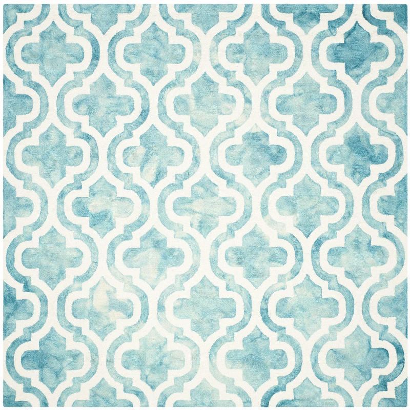 Handmade Turquoise and Ivory Wool Tufted Square Rug