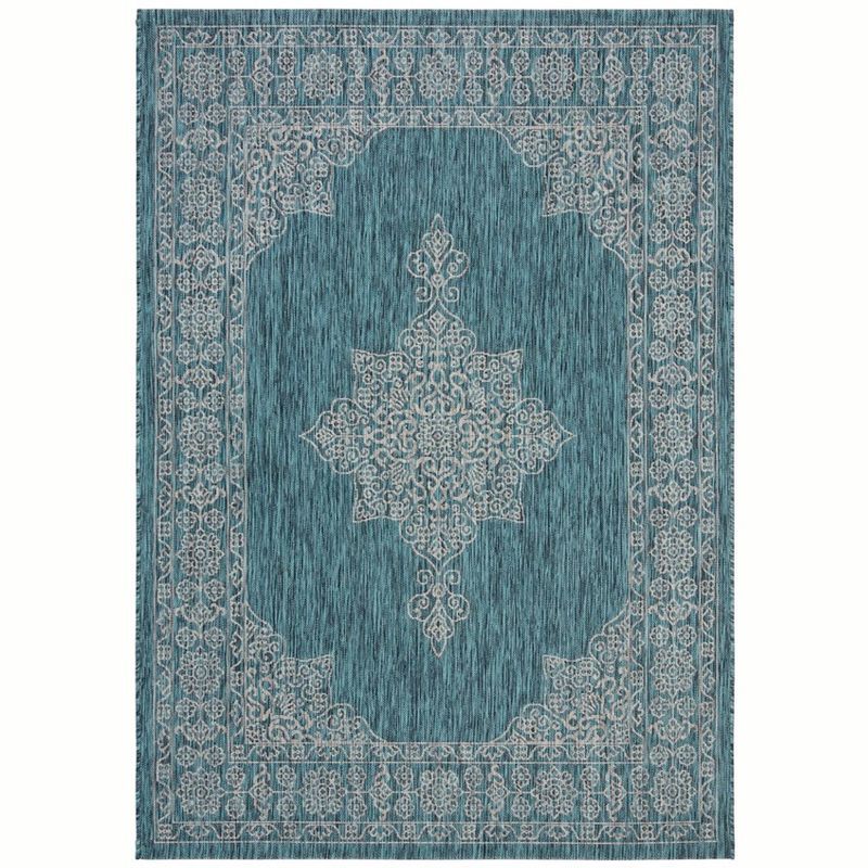 Teal and Ivory Rectangular Synthetic Indoor/Outdoor Rug