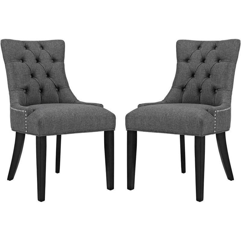 Gray Upholstered Button-Tufted Side Chair with Wood Legs, Set of 2