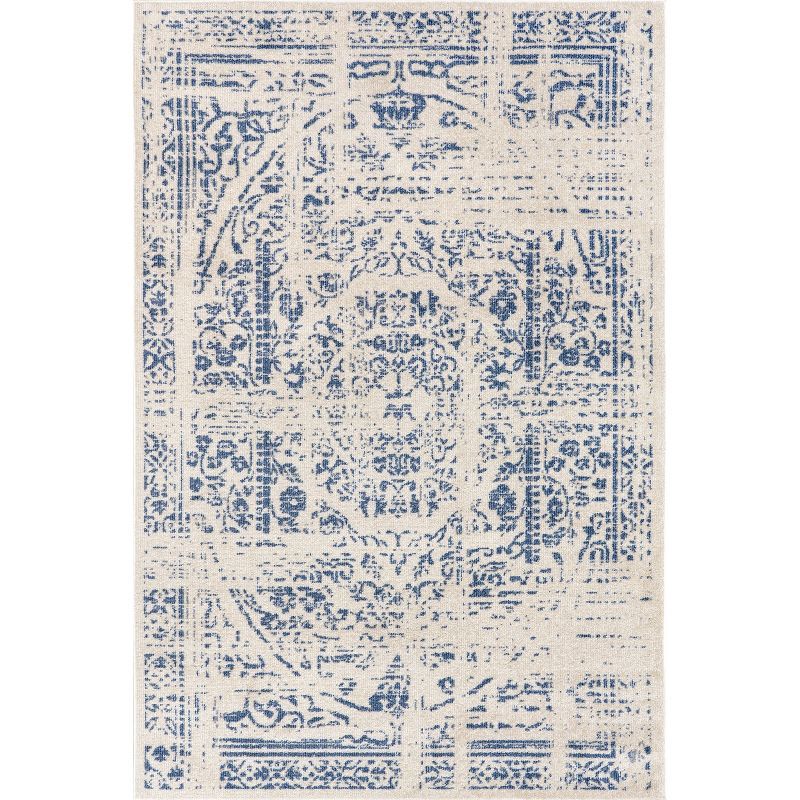 Blue and Ivory Rectangular Synthetic Traditional Area Rug