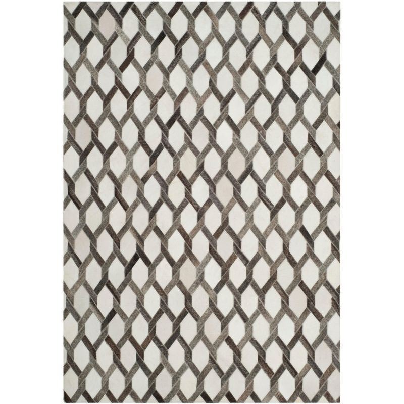 Ivory and Gray Hand-Knotted Geometric Cowhide Area Rug