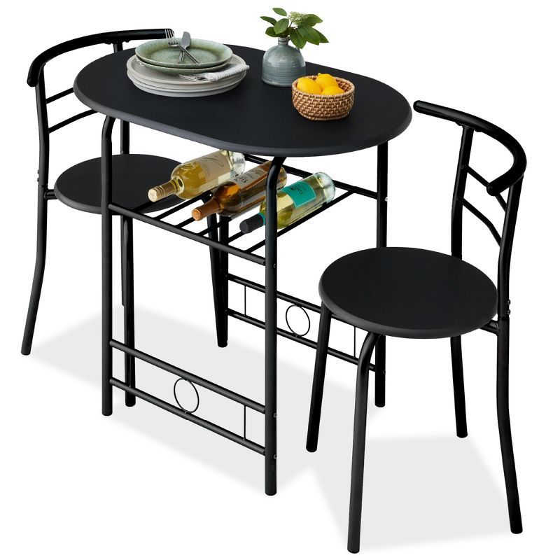 Compact Black MDF Wood and Steel Dining Set with Built-in Wine Rack