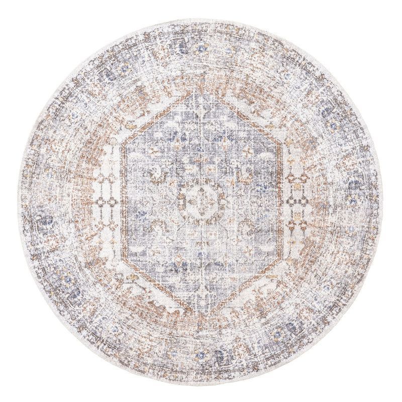 Easy-Care Vintage Floral 8' Round Gray Synthetic Rug