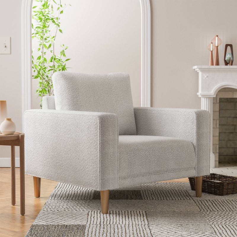 Handcrafted Off-White Bouclé Fabric Accent Chair with Wooden Legs