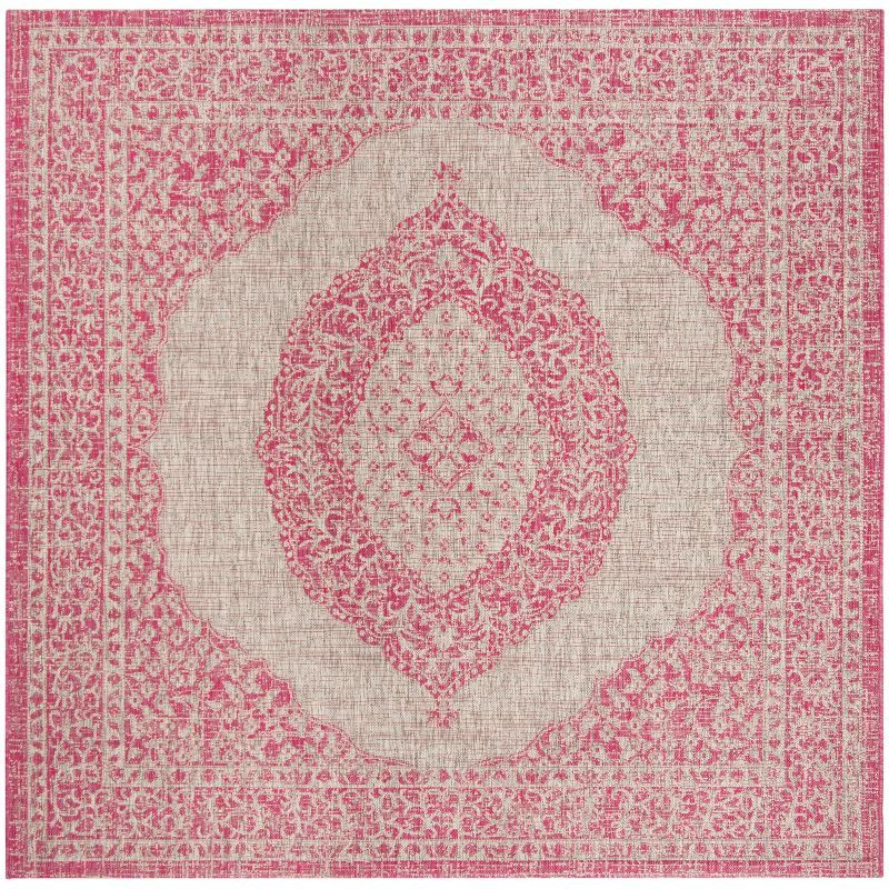 Light Grey and Fuchsia Square Synthetic Indoor/Outdoor Rug