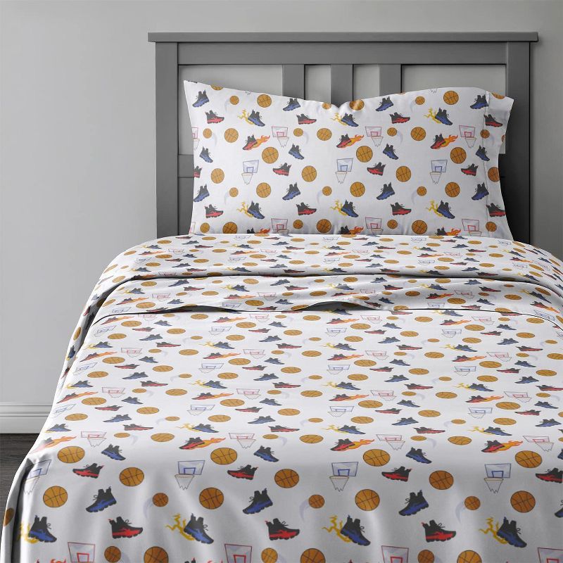 Kids Basketball Print Blue Microfiber Queen Sheet Set