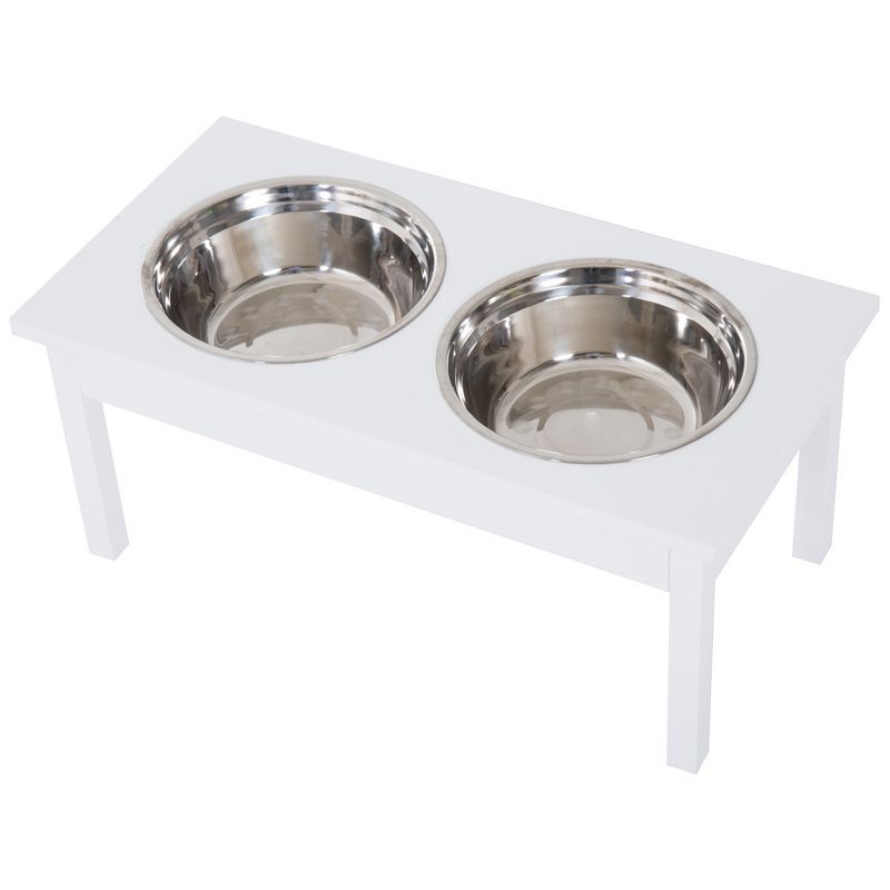 White Elevated Wooden Pet Feeding Station with Stainless Steel Bowls