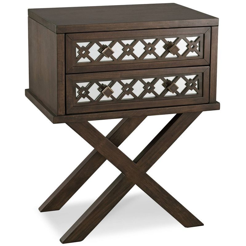 Walnut Mirrored Diamond Filigree 2-Drawer X Base Nightstand