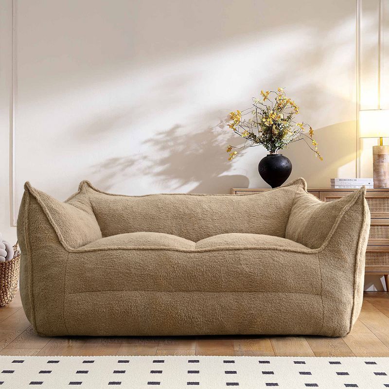 Khaki Teddy Fabric Upholstered Bean Bag Loveseat Sofa