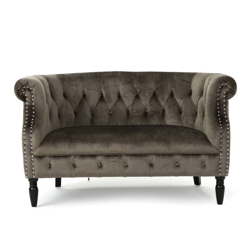 Chesterfield Gray Velvet Tufted Loveseat with Nailhead Accents