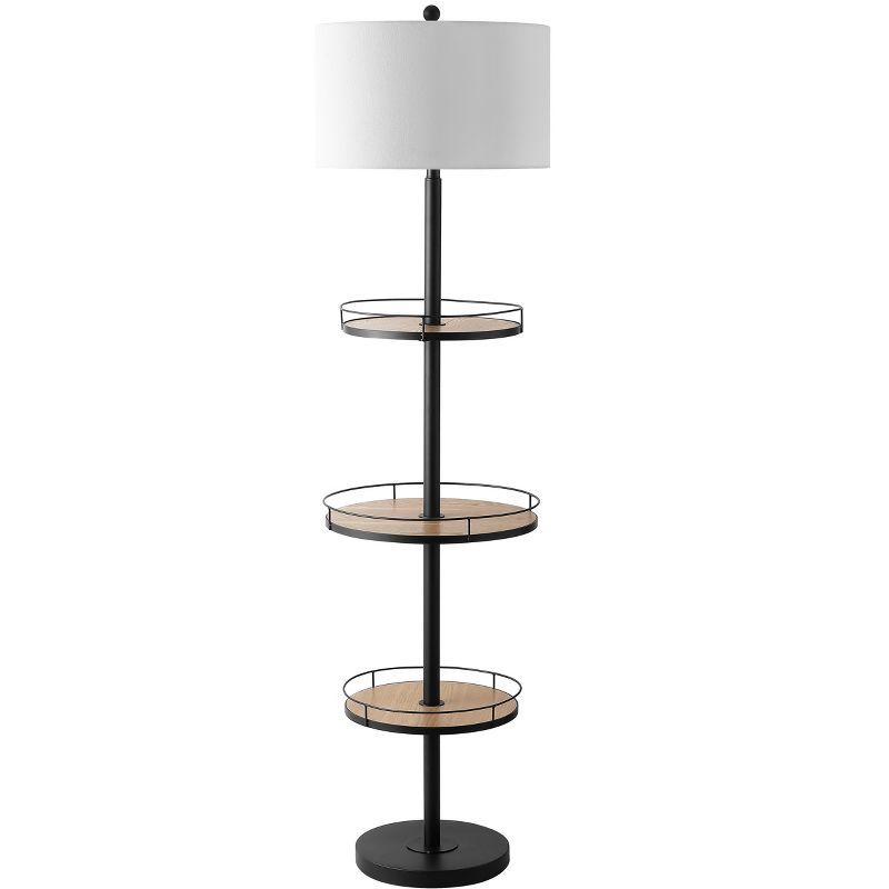 Matte Black 3-Shelf Floor Lamp with Wood Shelves