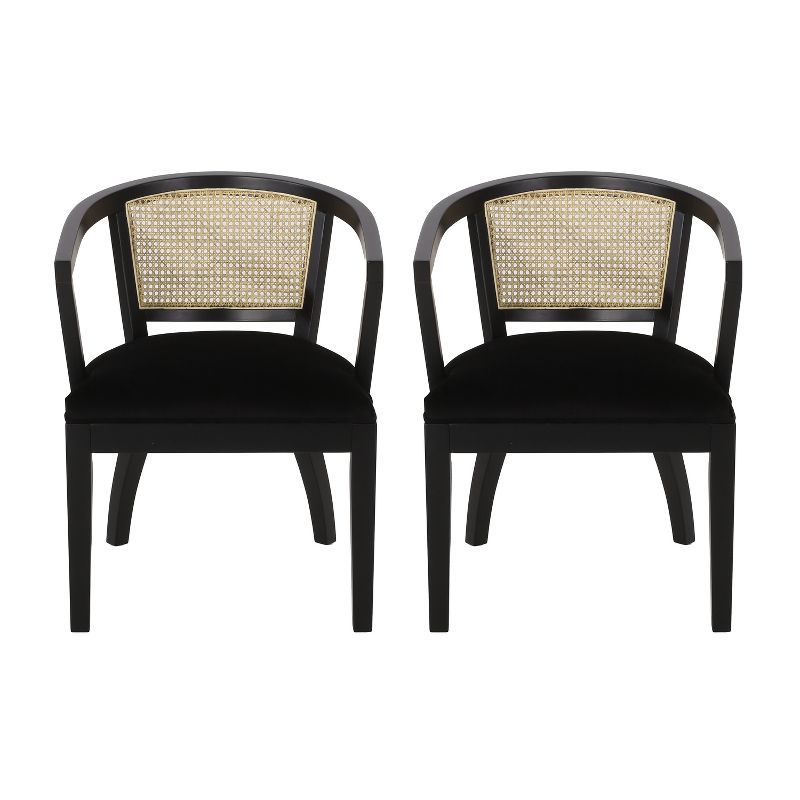 Black Velvet Upholstered Wood and Cane Arm Chair Set