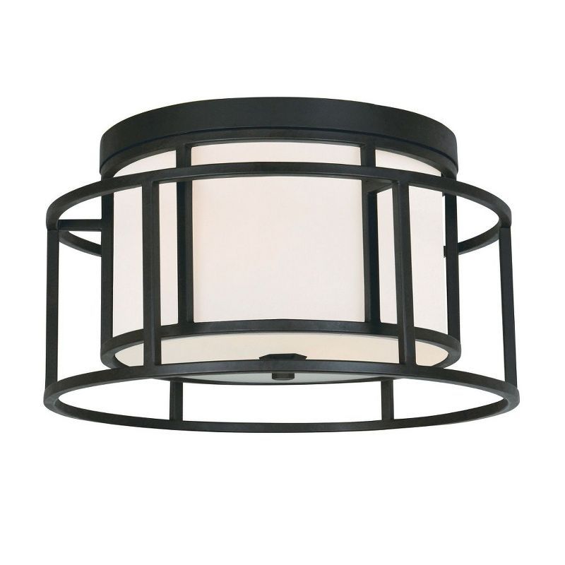 Matte Black Steel and Glass Drum Flush Mount Light