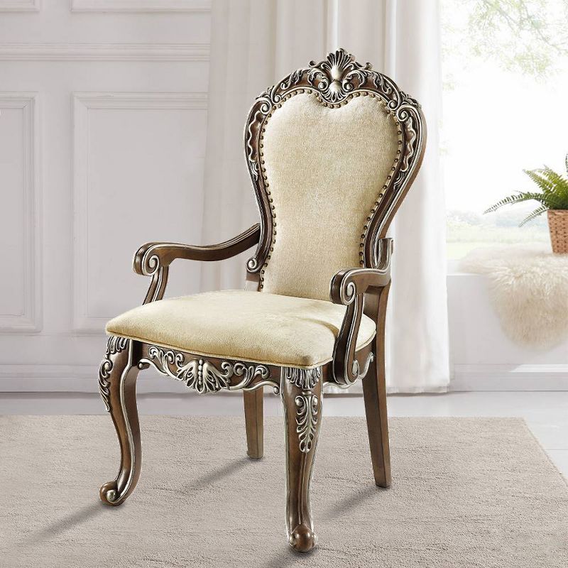 Latisha Antique Oak and Gray Upholstered Arm Chair with Silver Detailing