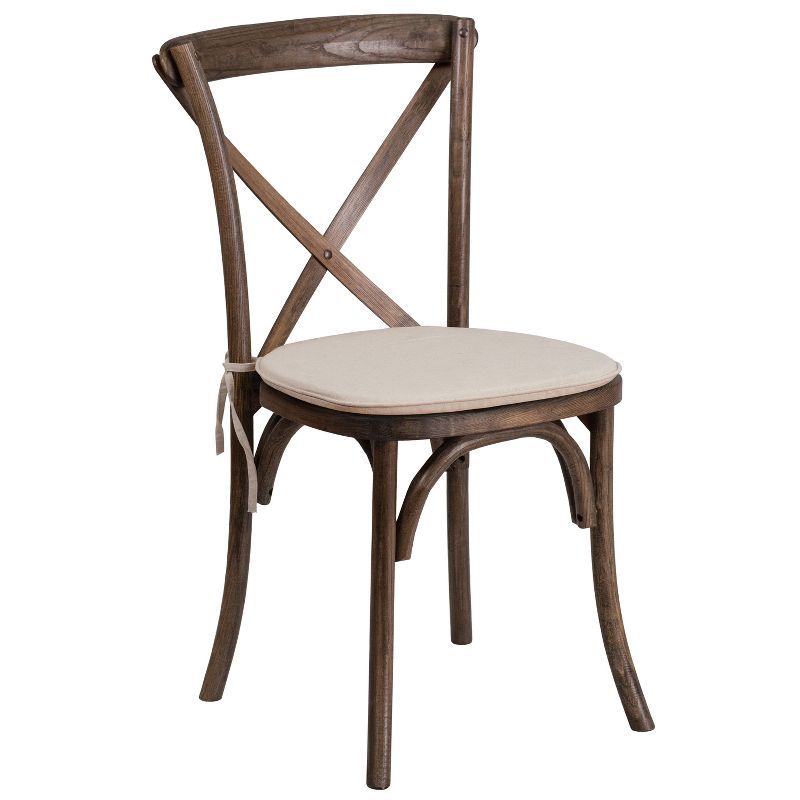 Early American Brown Wood Cross-Back Side Chair with Beige Cushion