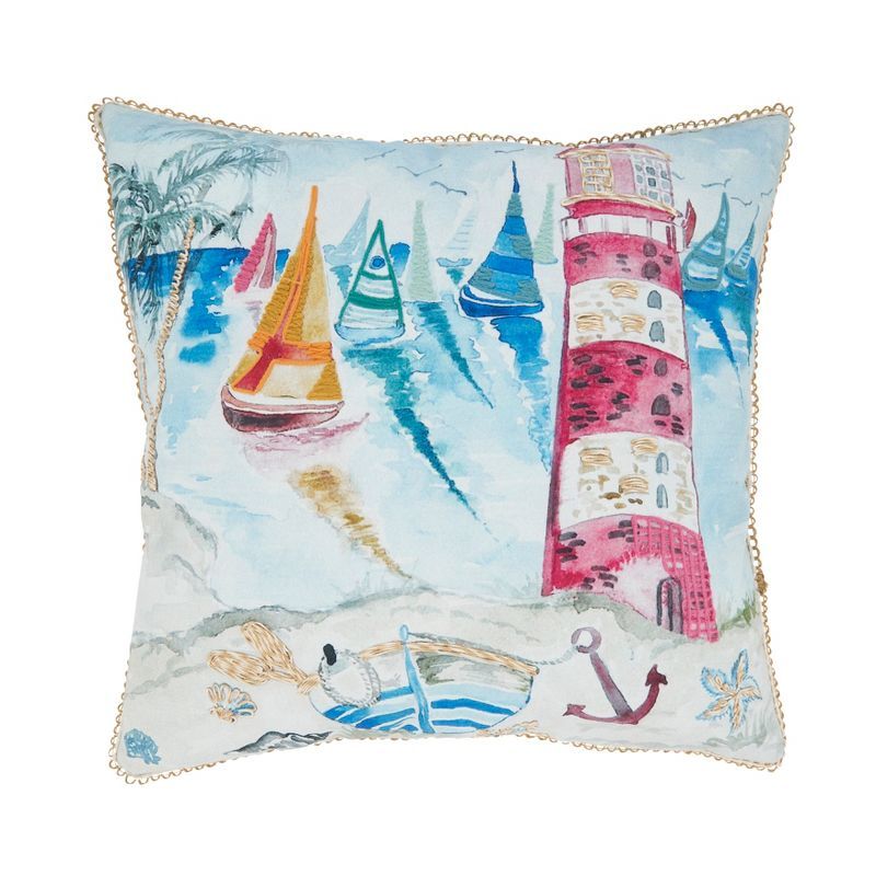Coastal Multicolor Embroidered Polyester Outdoor Throw Pillow, 20" x 20"