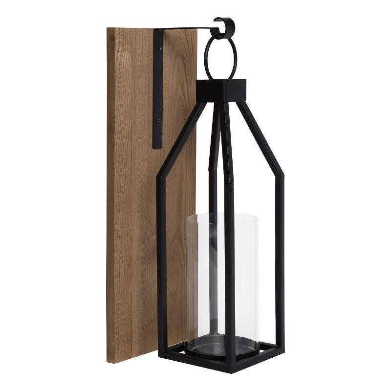Rustic Brown Wood and Black Metal Wall Sconce Candle Holder