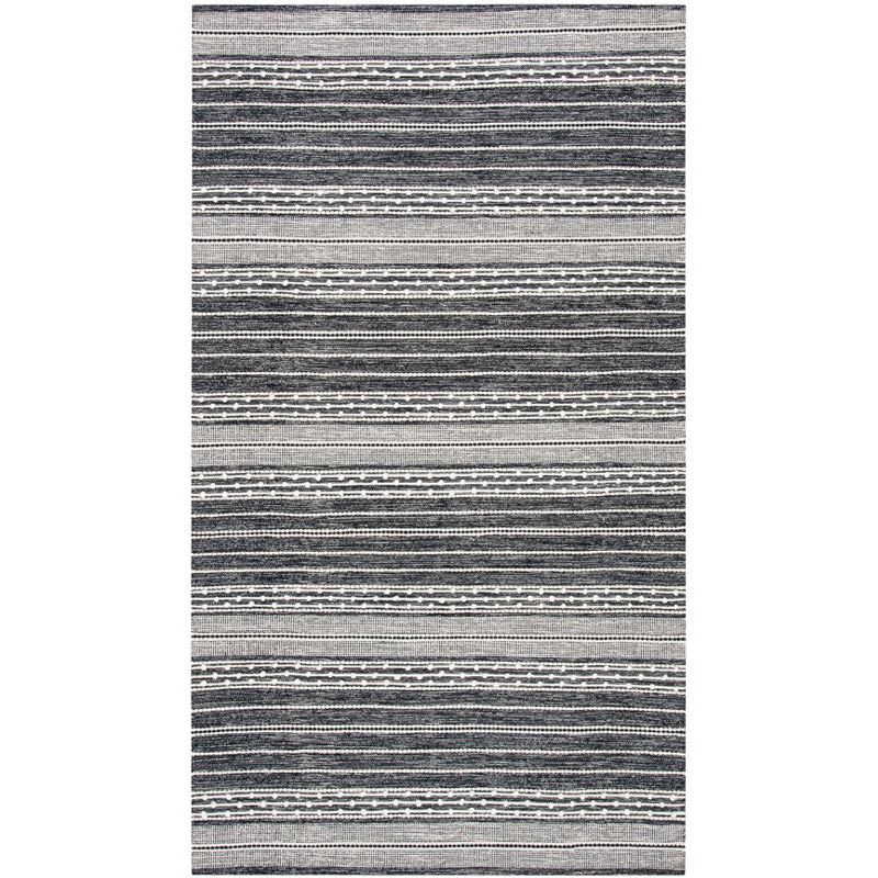 Black and Ivory Handwoven Wool Cotton Striped Area Rug