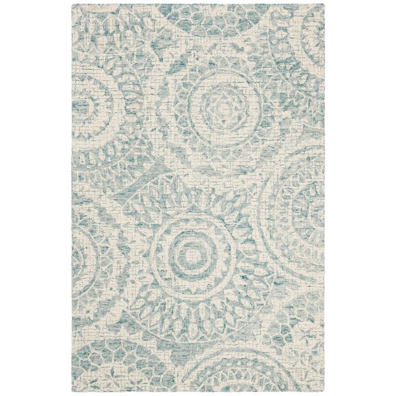 Ivory and Blue Handmade Wool Abstract Tufted Rug, 2' x 3'