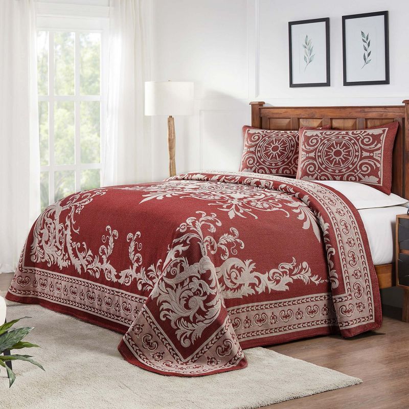 King Berry Red Cotton Blend Vintage Medallion Bedspread Set