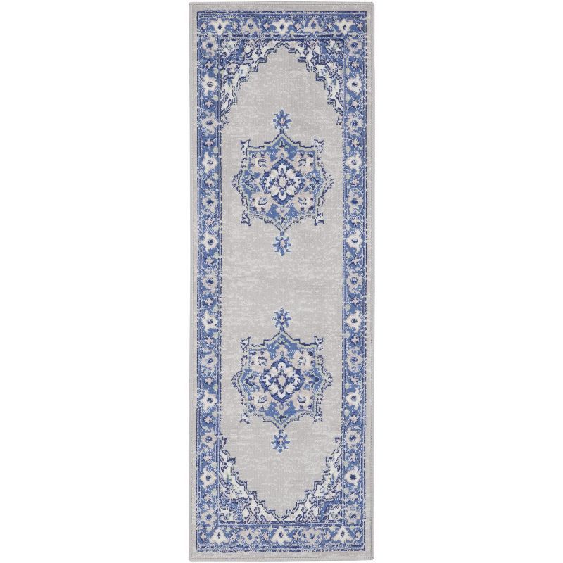 Grey Blue Floral Synthetic Runner Rug 2' x 8'