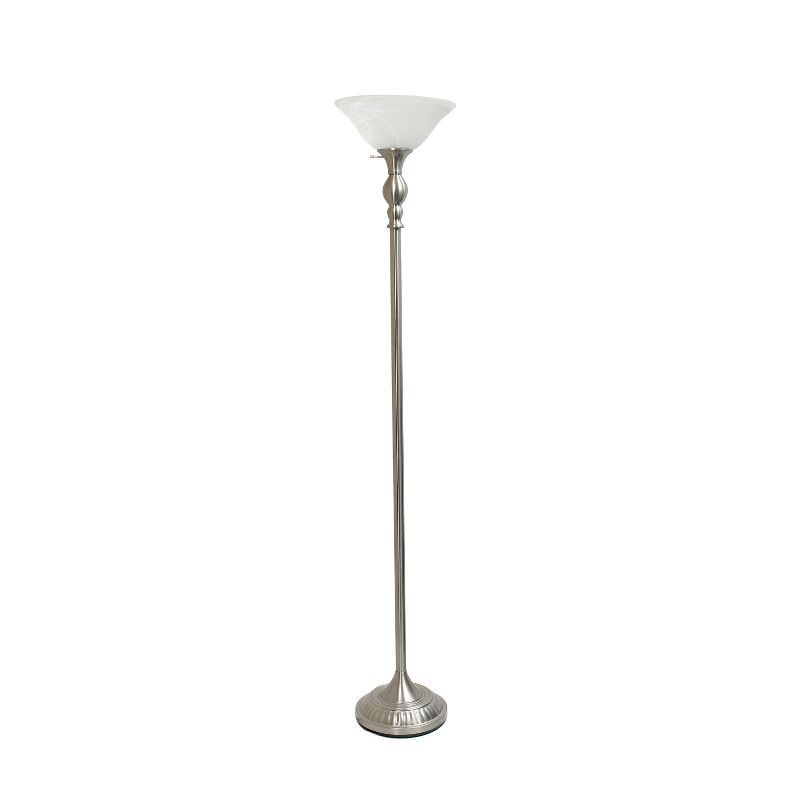 Elegant Brushed Nickel Torchiere Floor Lamp with Marbleized White Glass Shade