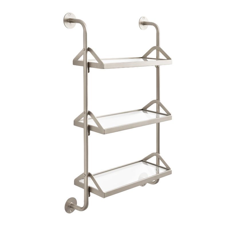 Silver Metal Three-Tier Floating Wall Shelf with Glass