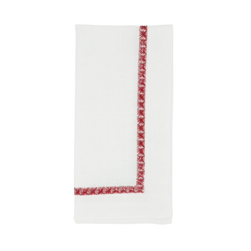 White Cotton Cocktail Napkins with Burgundy Embroidered Border, Set of 4