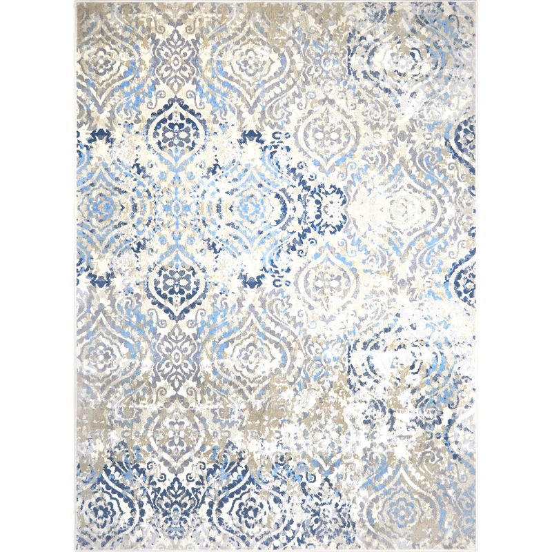 Ivory and Blue Moroccan Damask 9' x 12' Area Rug