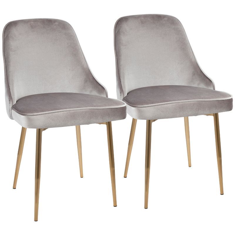 Set of 2 Gray Velvet Upholstered Dining Chairs with Gold Tapered Legs