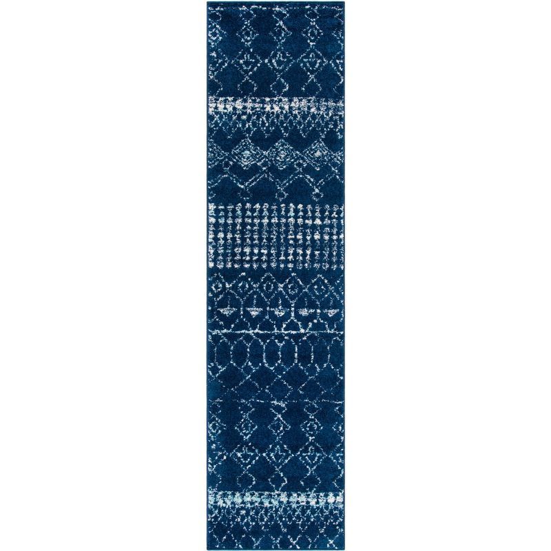 Navy and Ivory Synthetic Moroccan Runner Rug, 2' x 11'