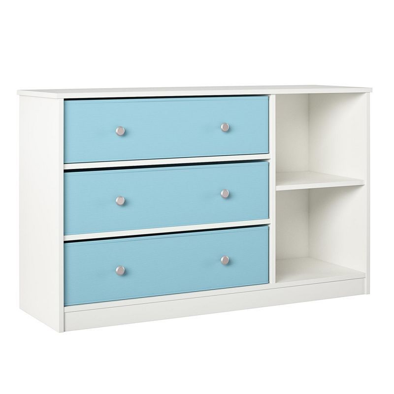 White and Light Blue Nursery Dresser with Fabric Bins