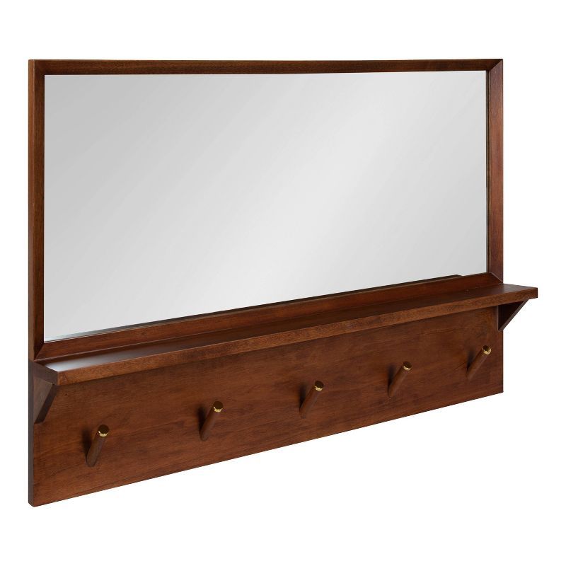 Walnut Wood Framed Rectangular Wall Mirror with Hooks