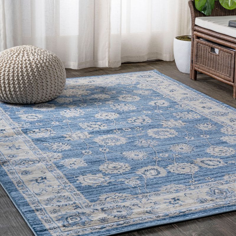 Blue and Ivory Floral Synthetic Rectangular Rug