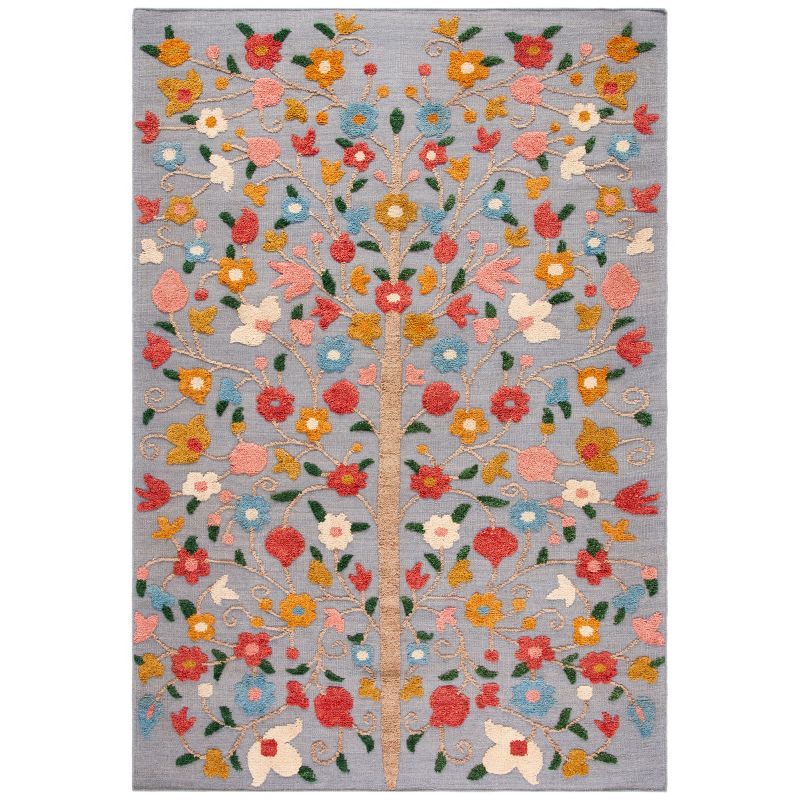 Grey and Pink Hand-Knotted Wool Floral 6' x 9' Area Rug