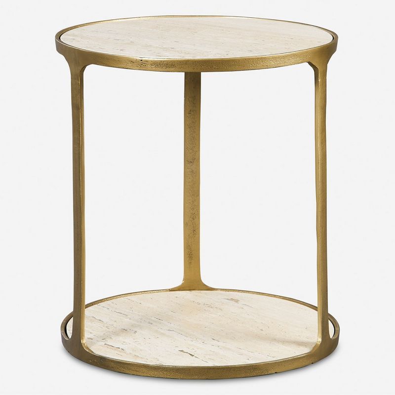 Beige Travertine and Brass Round Side Table