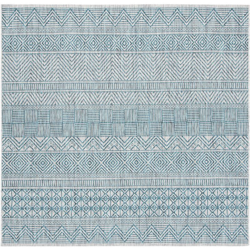 Grey and Teal Square Synthetic Indoor/Outdoor Rug