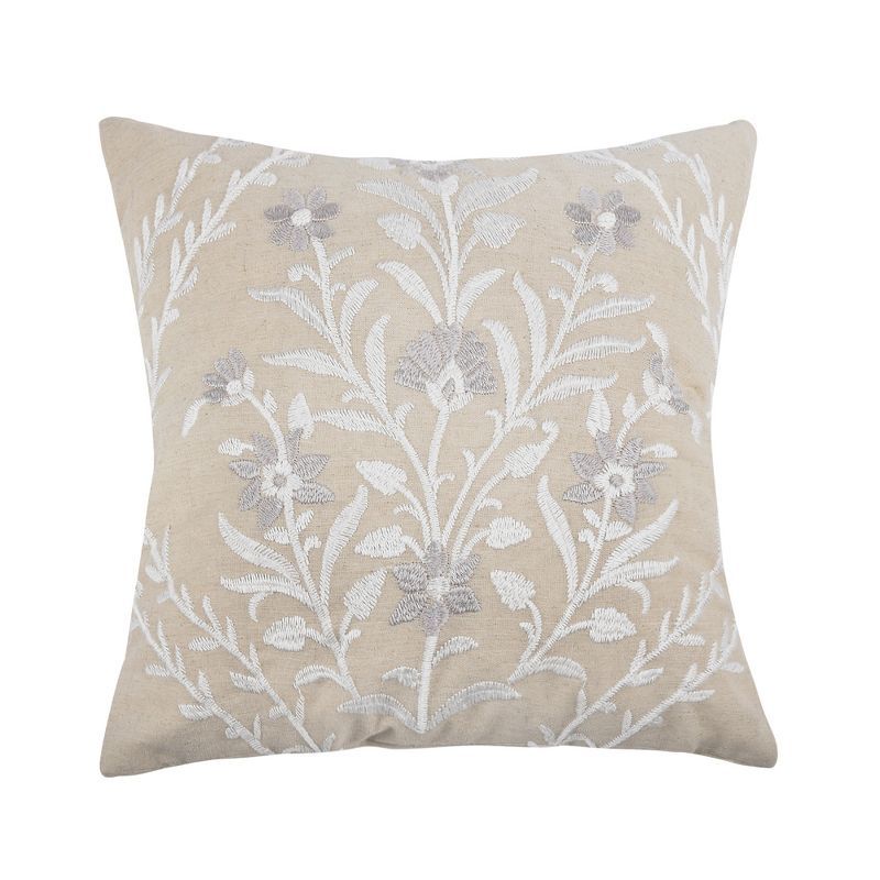 Natural Embroidered Floral Square Pillow 18x18