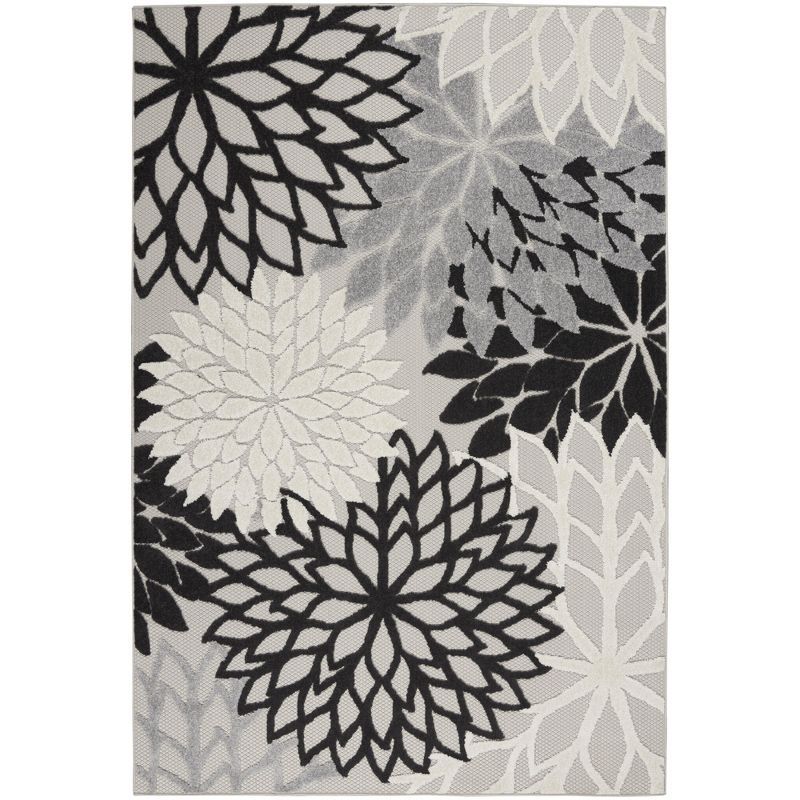 Aloha Black & White Floral 43'' Easy-Care Synthetic Outdoor Rug