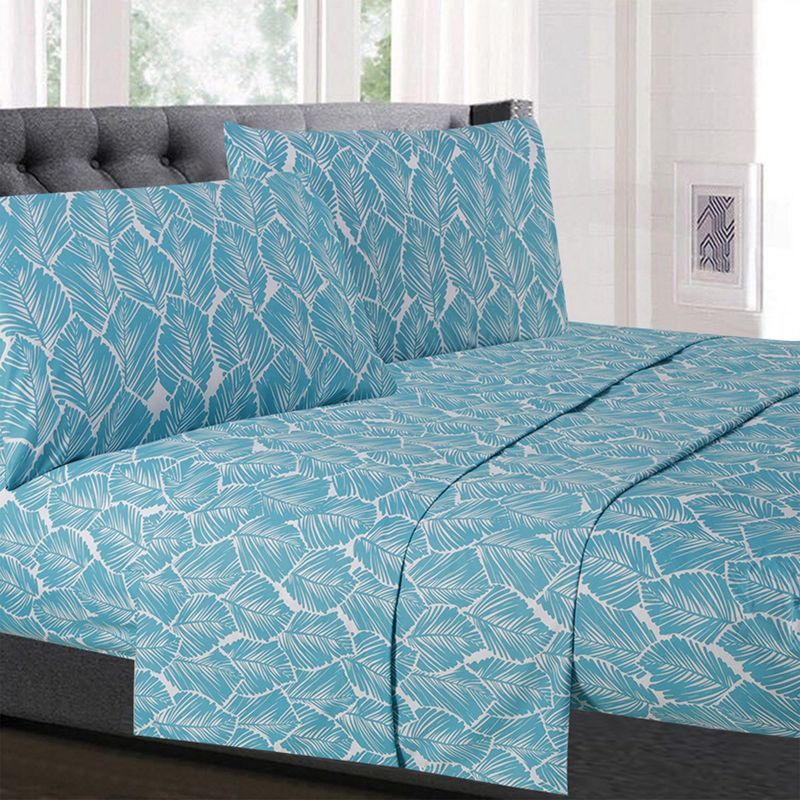 California King Teal Tropical Leaf Microfiber Deep Pocket Sheet Set