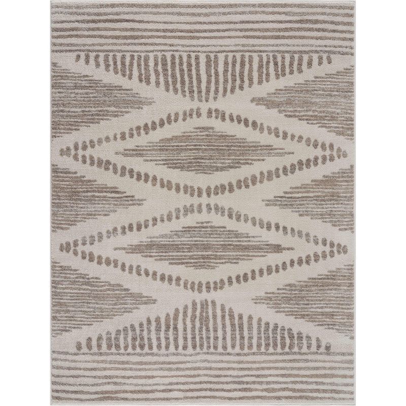 Ivory and Beige Geometric Pattern Medium Pile Area Rug