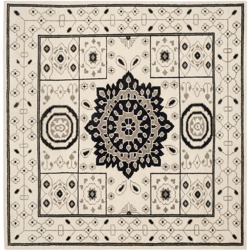 Ivory and Black Hand-Knotted Wool Square Area Rug