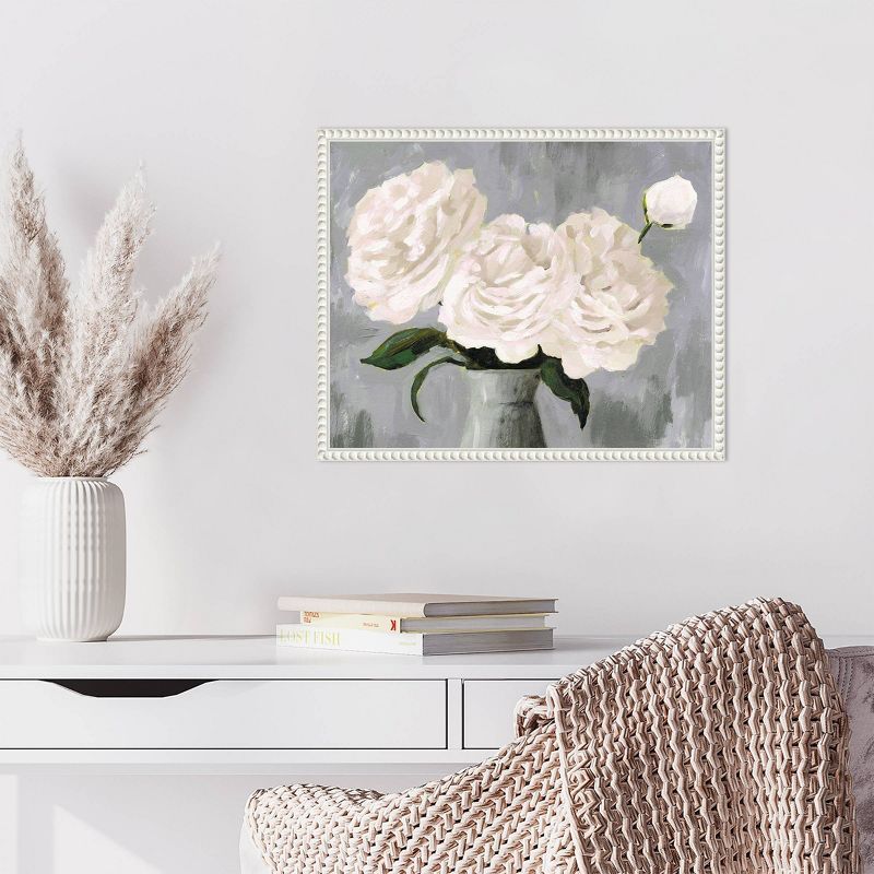 White Blooms in Gray Vase II Canvas Print with White Frame