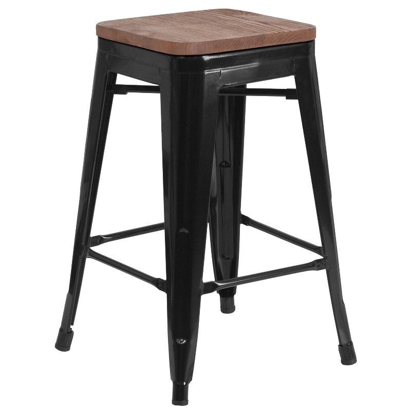 24" Black Metal and Wood Backless Counter Stool