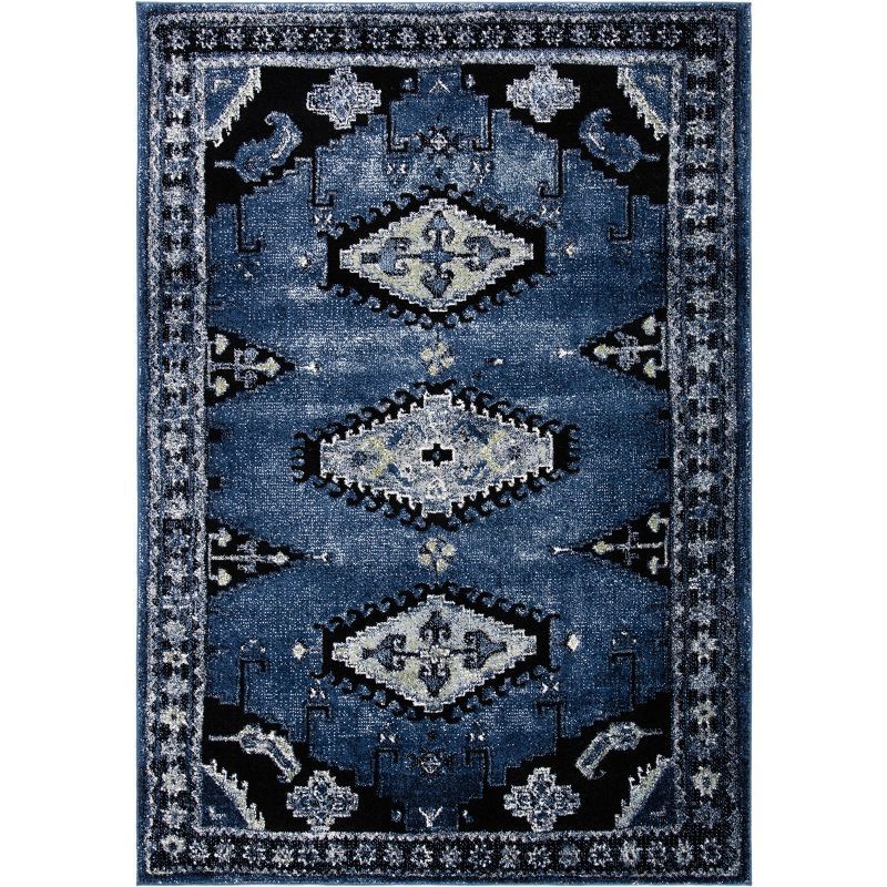 Vintage Blue and Black Synthetic Area Rug 8' x 10'