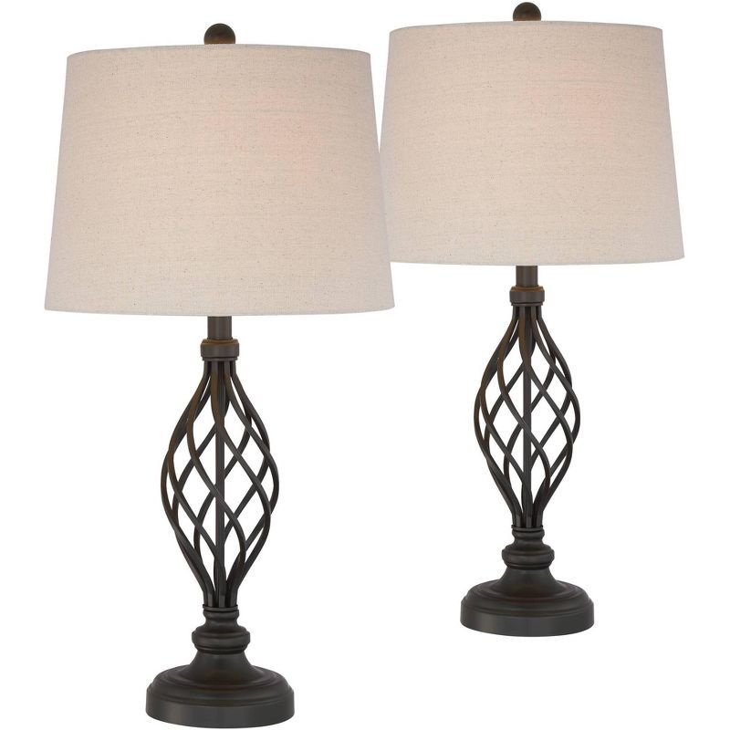 Annie Bronze Iron Scroll Table Lamps Set with Cream Drum Shade