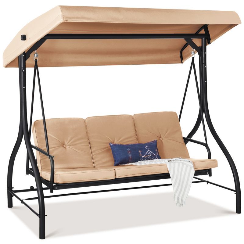 Beige 3-Seat Outdoor Canopy Swing Glider with Cushions