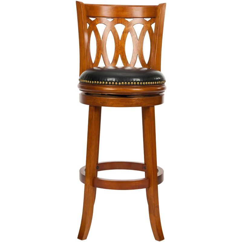 Transitional Baldwin Carved Swivel Barstool in Dark Oak & Black Leather