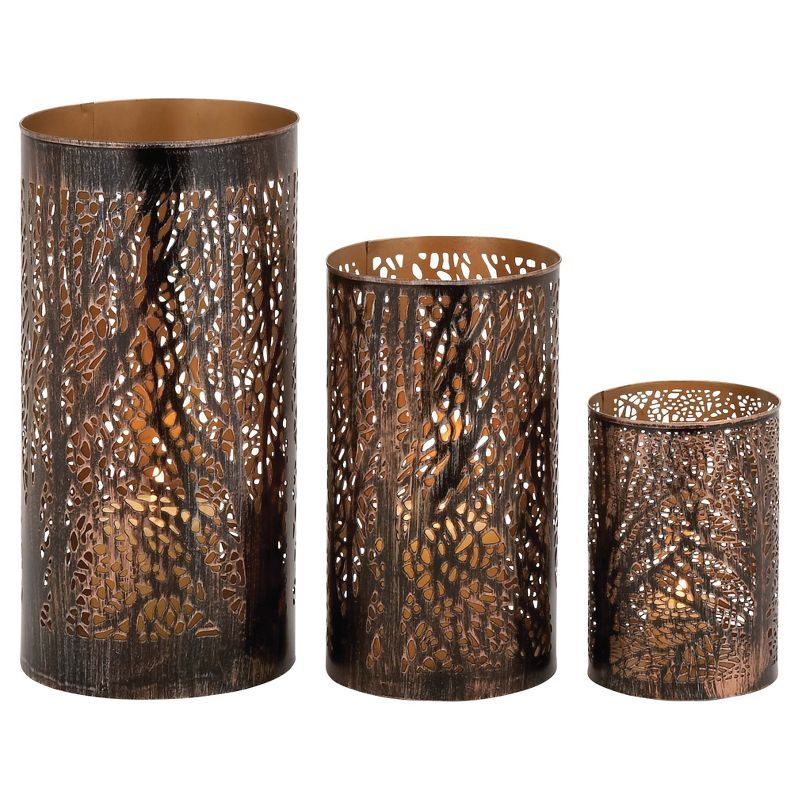 Bronze Metal Leaf Cylinder Hurricane Candle Holders, Set of 3